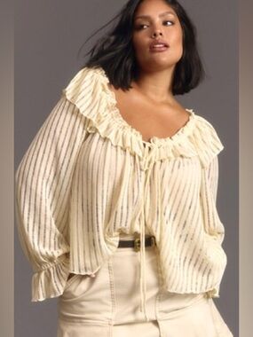 Anthropologie Long Sleeve Ruffled Cream Blouse